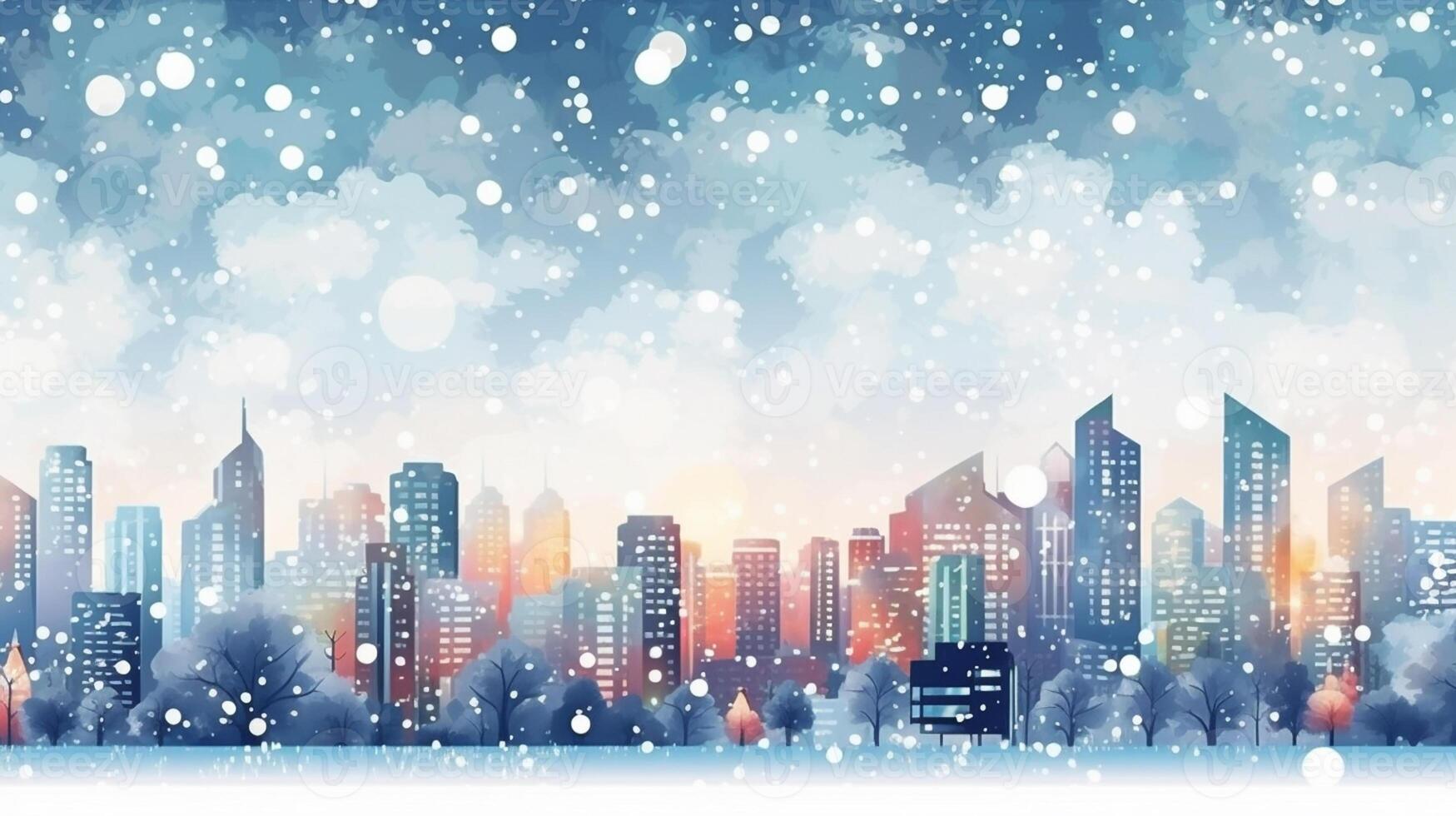 Winter, festive, Christmas background. In a whimsical vintage illustration, a merry scene unfolded at home on a magical winter night, with snowflakes swirling in the air with photo