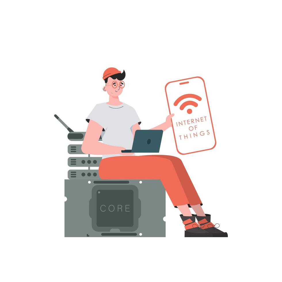 A man holds a phone with the IoT logo in his hands. Internet of things concept. Trendy flat style. Vector illustration.