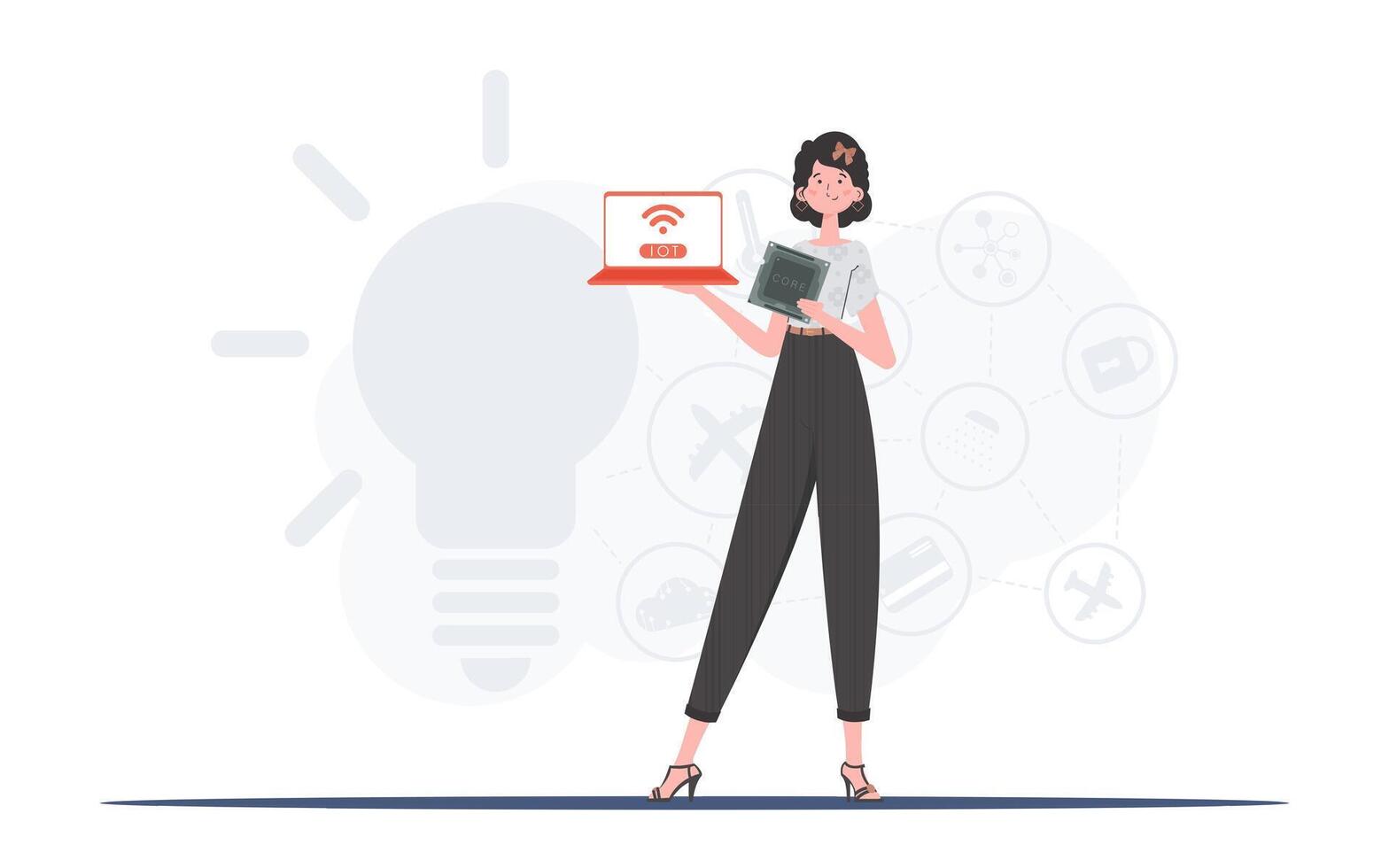 The girl is holding a laptop and a processor chip in her hands. IoT concept. Vector. vector
