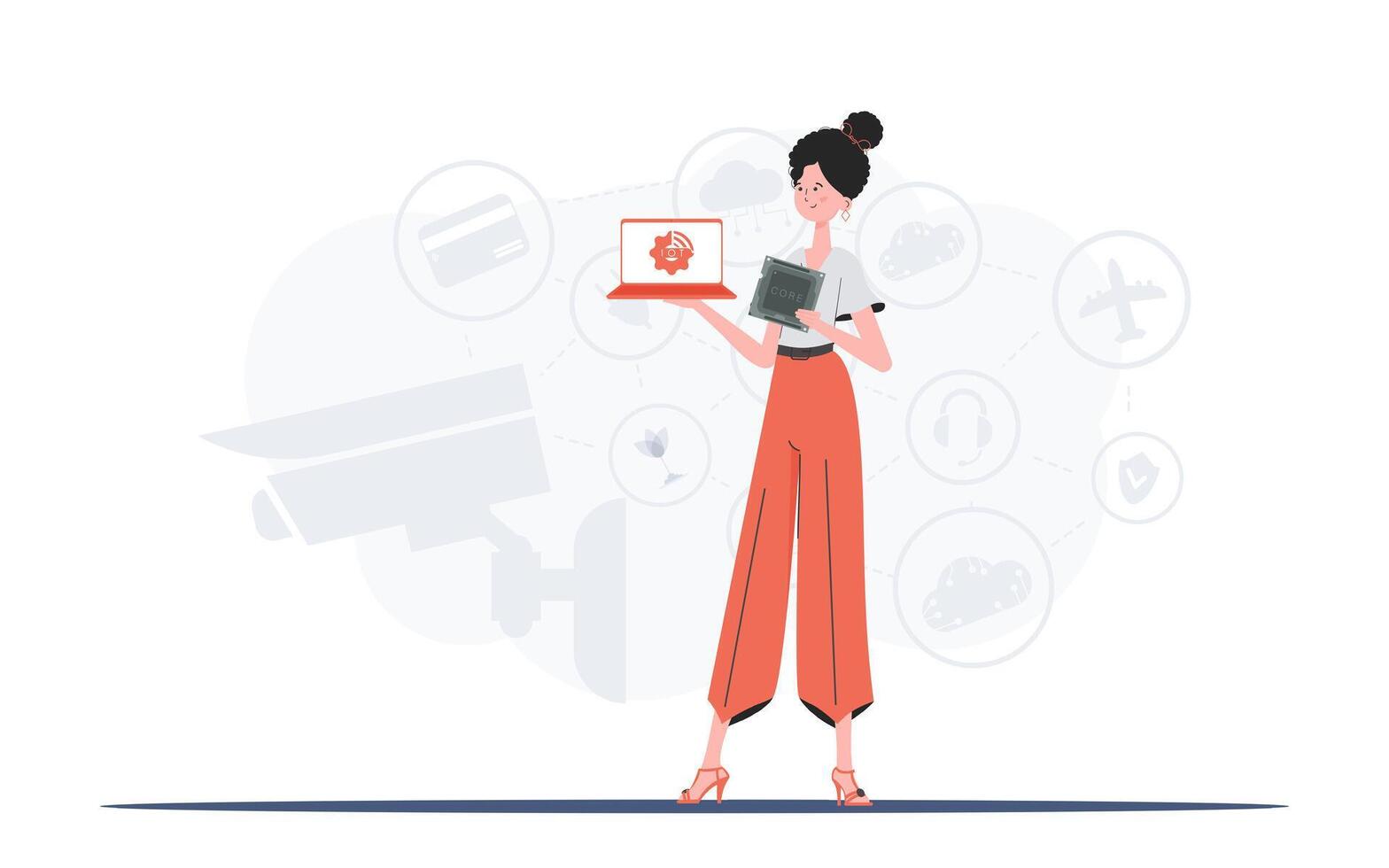 The girl is holding a laptop and a processor chip in her hands. Internet of things and automation concept. Vector illustration in flat style.