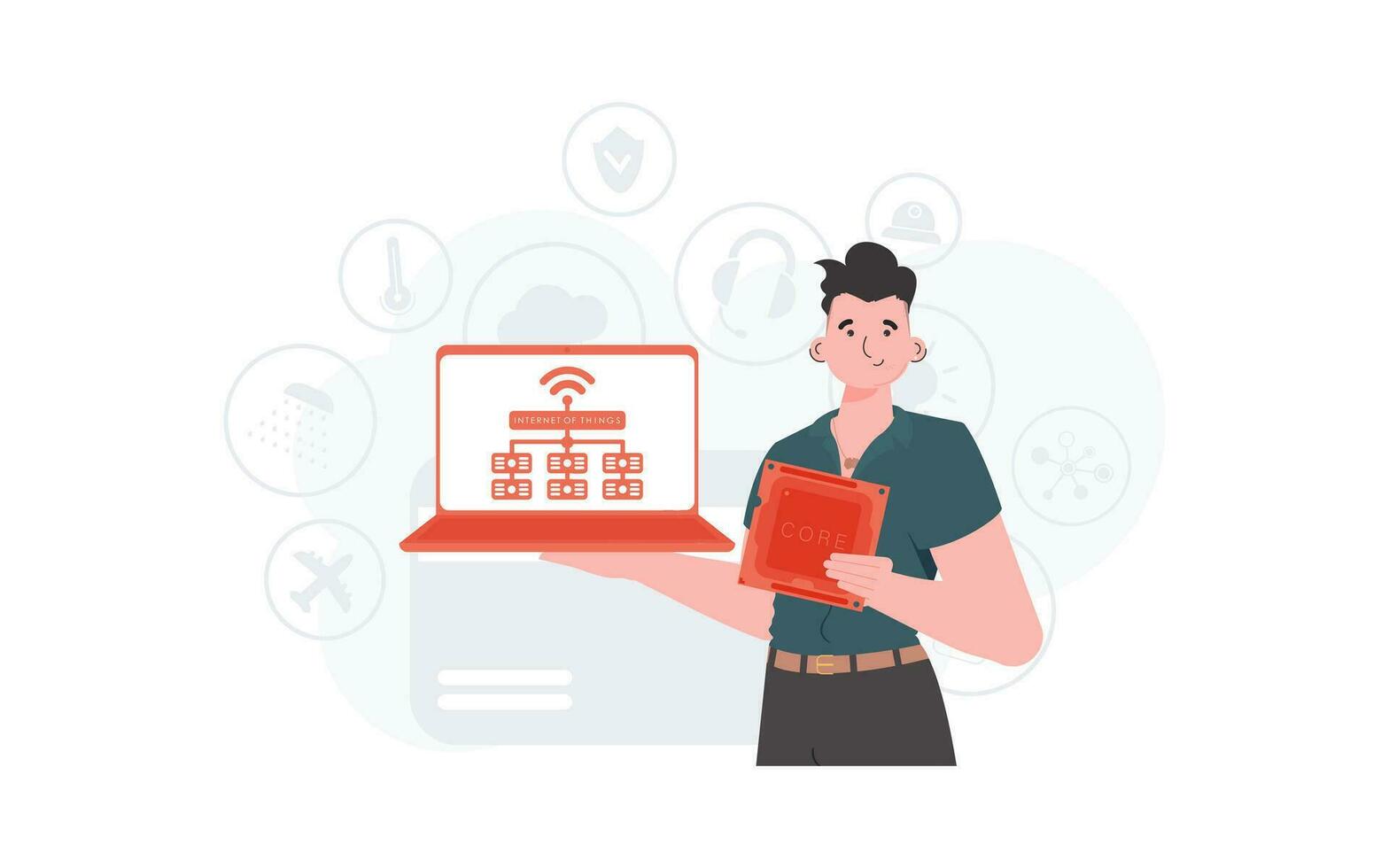 A man holds a laptop and a processor chip in his hands. IOT and automation concept. Vector illustration in flat style.