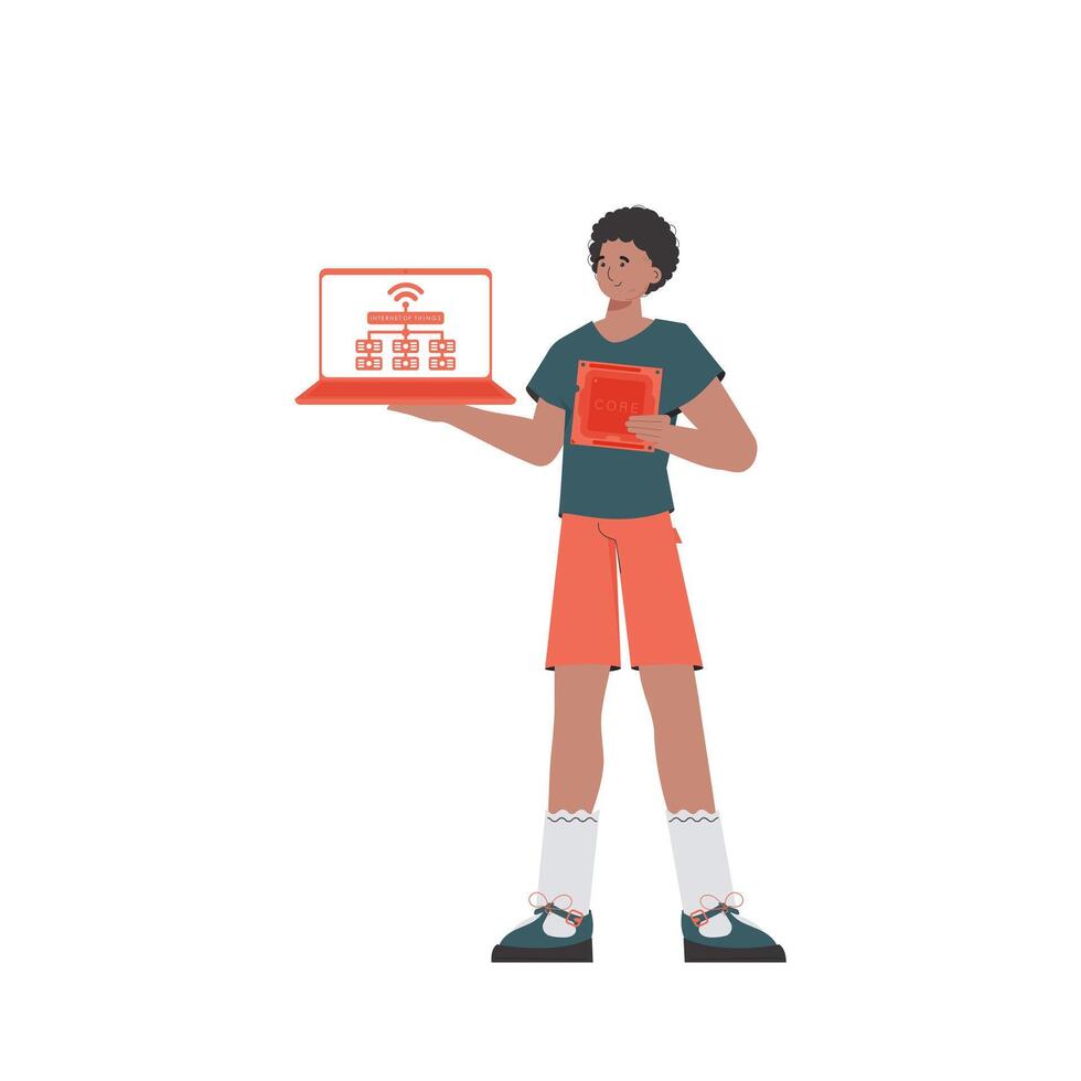A man holds a laptop and a processor chip in his hands. Internet of things concept. Isolated. Vector illustration in flat style.