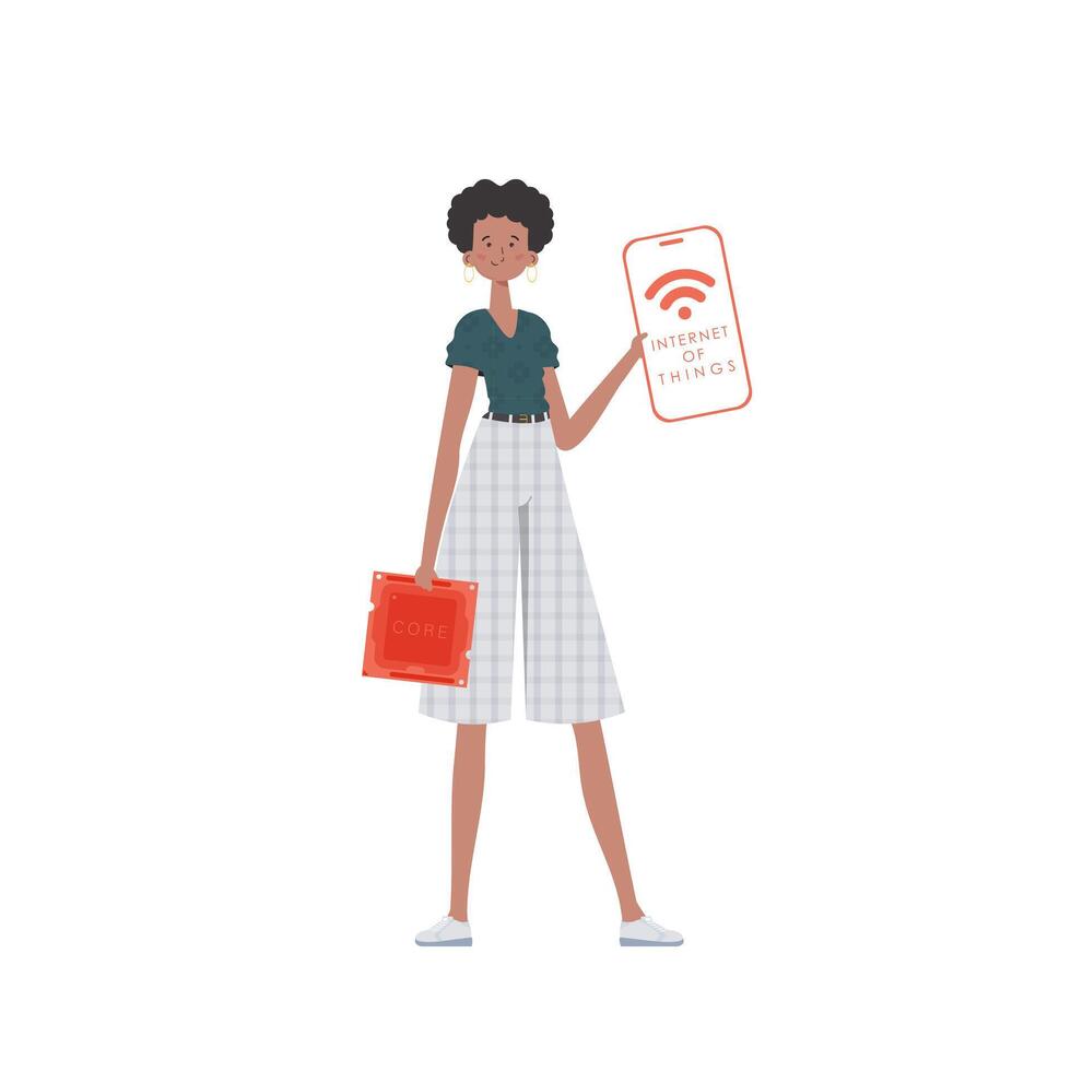 The girl is holding a phone with the IoT logo in her hands. IoT concept. Trendy flat style. Vector illustration.