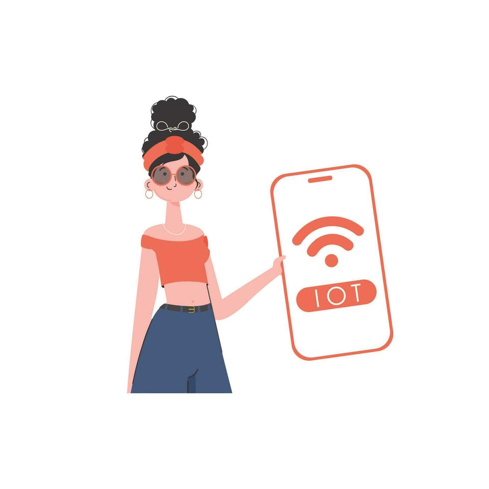 The girl is holding a phone with the IoT logo in her hands. Internet of things concept. Vector illustration in flat style.