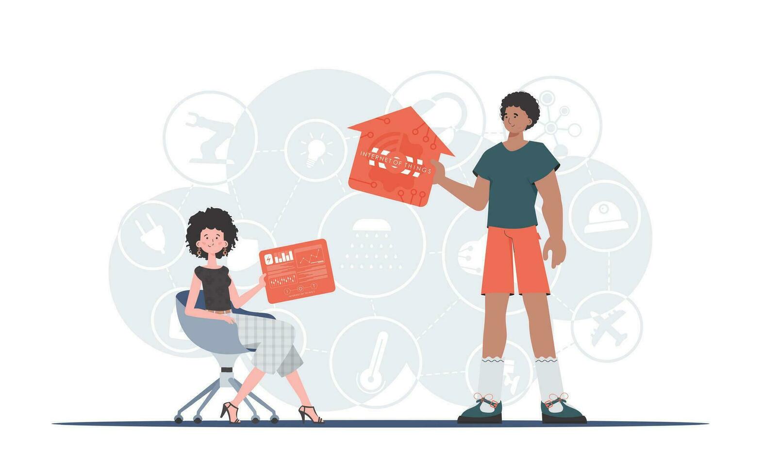 Internet of things concept. A man and a woman are a team in the field of the Internet of things. Good for websites and presentations. Trendy flat style. Vector. vector