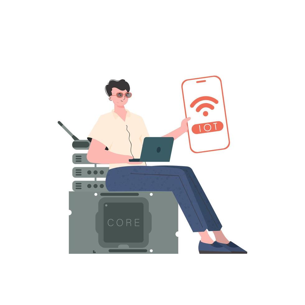 A man holds a phone with the IoT logo in his hands. IoT concept. Vector illustration in flat style.