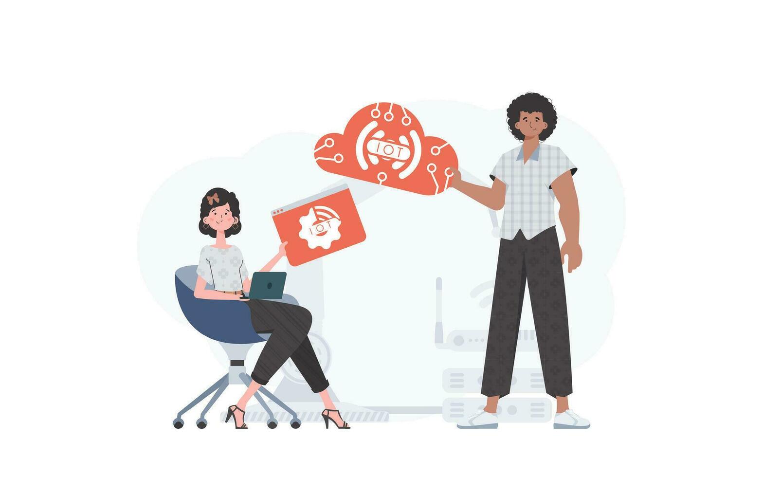 A man and a woman are a team in the field of the Internet of things. IOT and automation concept. Good for websites and presentations. Vector illustration.