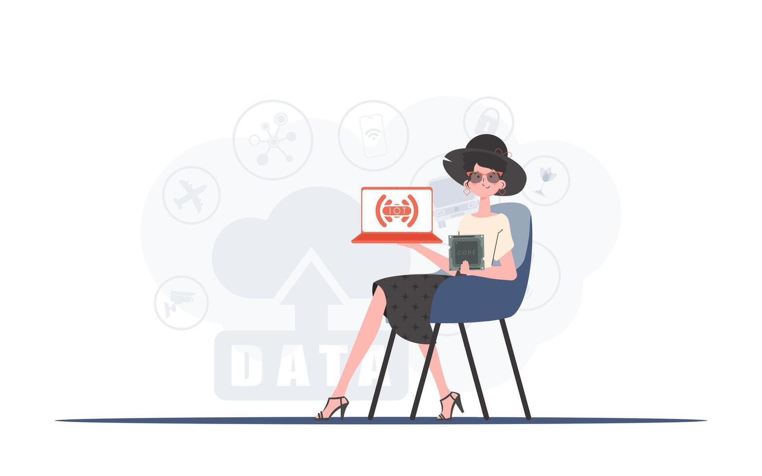 A woman holds a laptop and a processor chip in her hands. IoT concept. Vector. vector