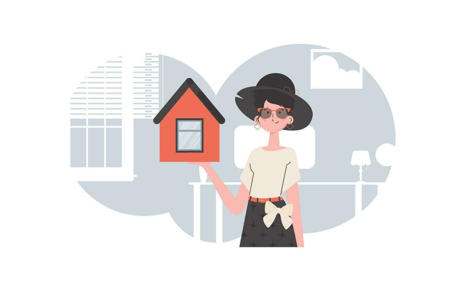 el niña es representado hasta la cintura participación un pequeño casa en su manos. el concepto de de venta un casa. de moda estilo. vector ilustración.