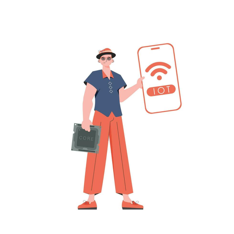 The guy is holding a phone with the IoT logo in his hands. Internet of things concept. Vector illustration in trendy flat style.