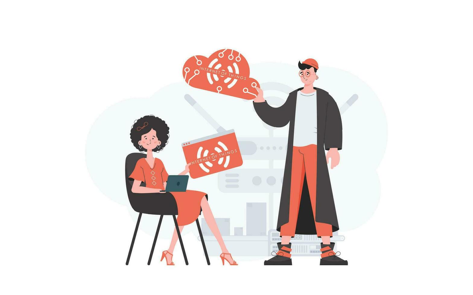 A man and a woman are a team in the field of the Internet of things. IoT concept. Good for websites and presentations. Vector illustration in trendy flat style.