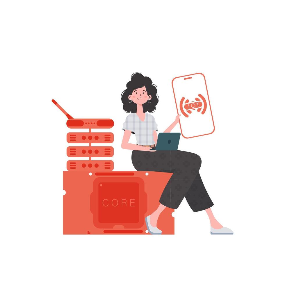 The girl is holding a phone with the IoT logo in her hands. IOT and automation concept. Vector illustration in flat style.