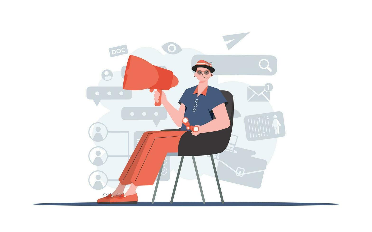 A man sits on a chair with a loudspeaker. Human resource. Element for presentation. vector