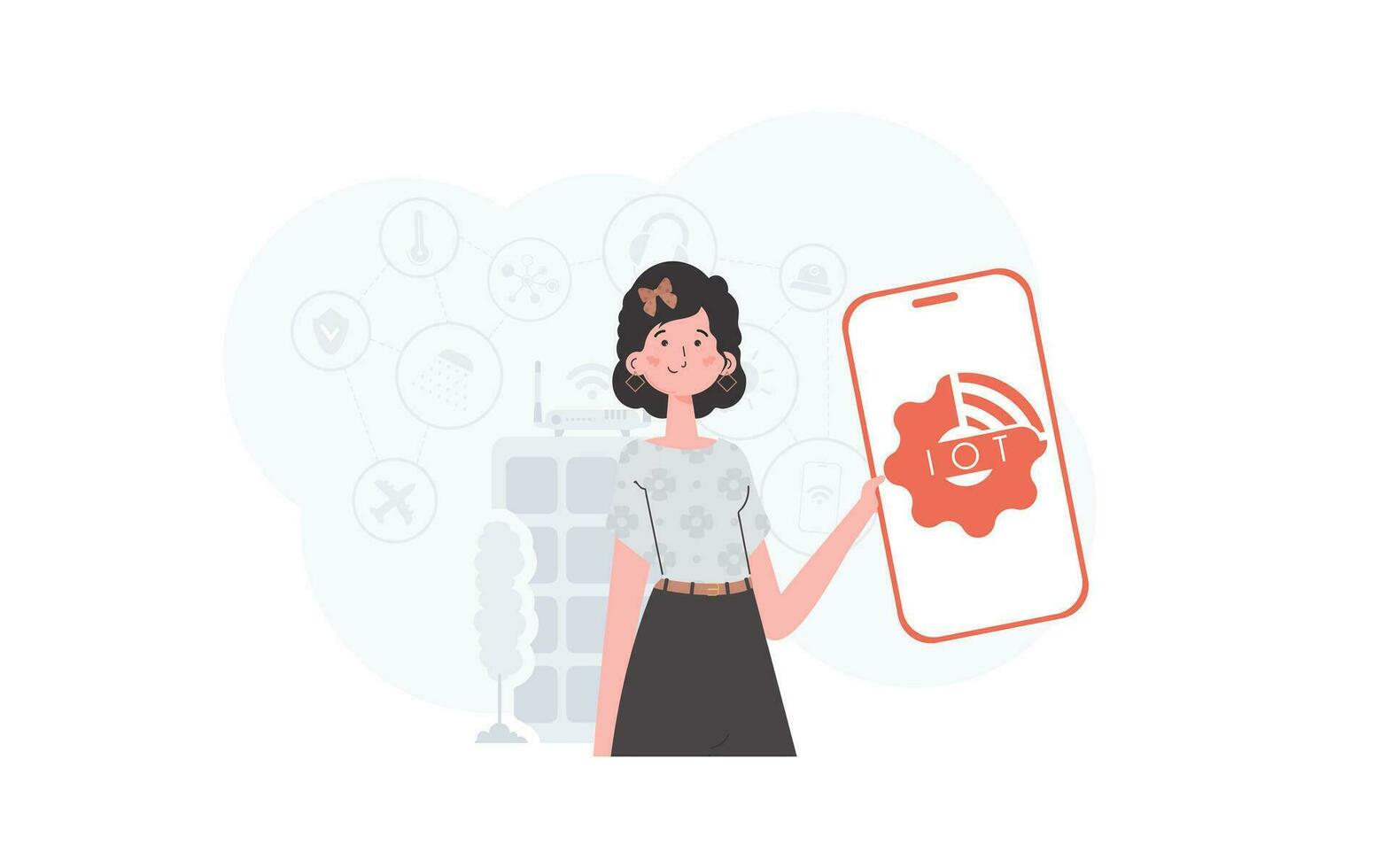 IoT concept. A woman holds a phone with the IoT logo in her hands. Vector illustration in flat style.