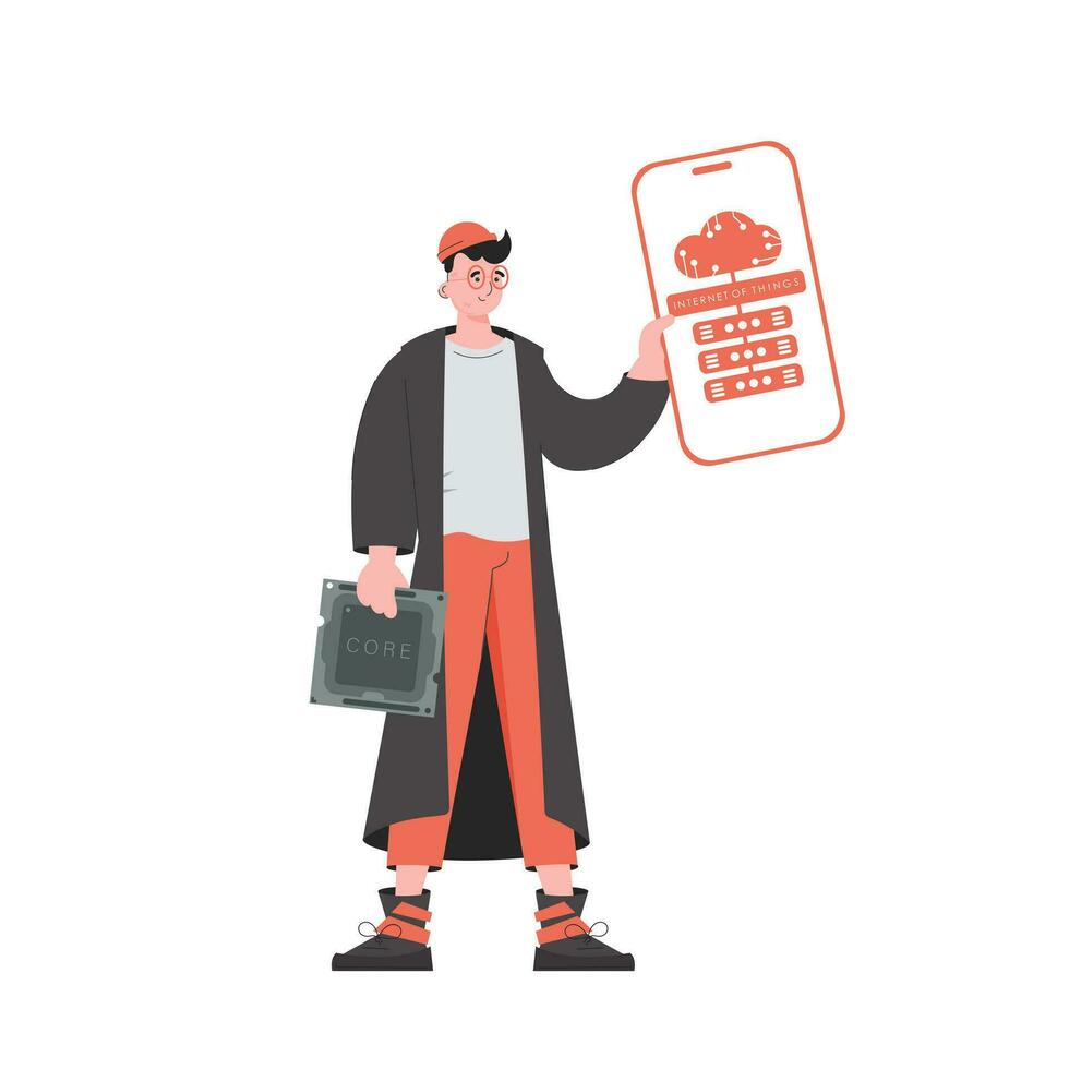 un hombre sostiene un teléfono con el iot logo en su manos. iot y automatización concepto. vector ilustración en plano estilo.