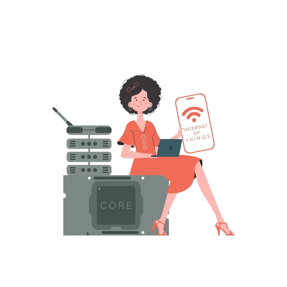 A woman holds a phone with the IoT logo in her hands. Internet of things concept. Vector. vector