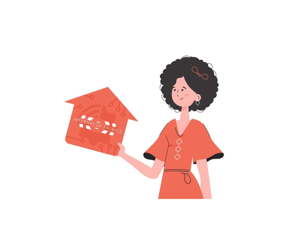 Internet of things concept. The girl is shown to the waist. A woman is holding a house icon in her hands. Isolated. illustration in flat style. vector