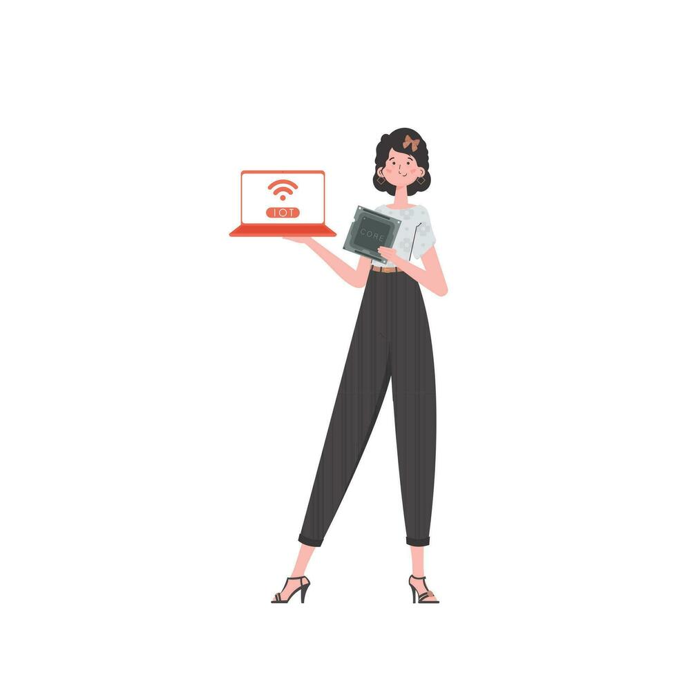 A woman holds a laptop and a processor chip in her hands. IoT concept. Isolated. Vector. vector