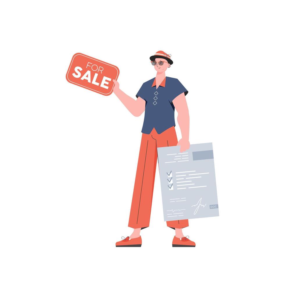 A man with a document and a tablet in his hands for sale. Selling a house or real estate. Isolated. illustration. vector