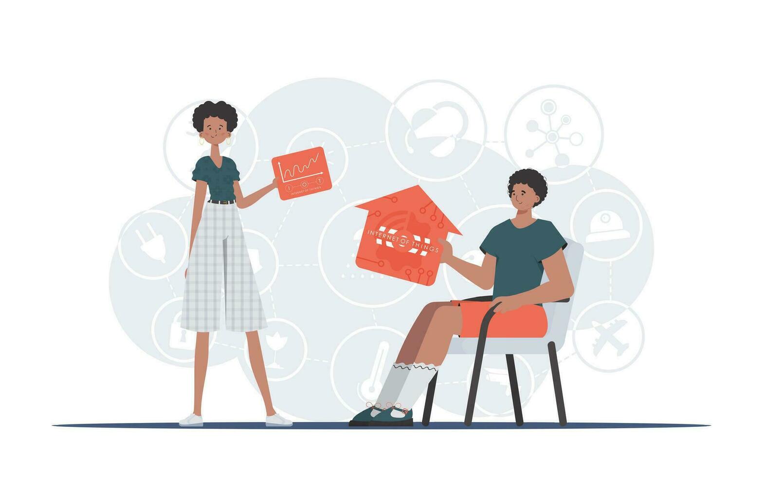 Internet of things concept. The girl and the guy are a team in the field of Internet of things. Good for presentations and websites. Vector illustration.