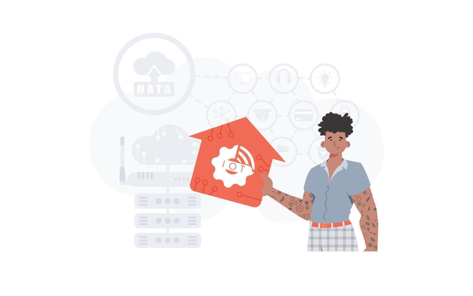 The man is depicted waist-deep, holding an icon of a house in his hands. IoT concept. Good for presentations. illustration in trendy flat style. vector