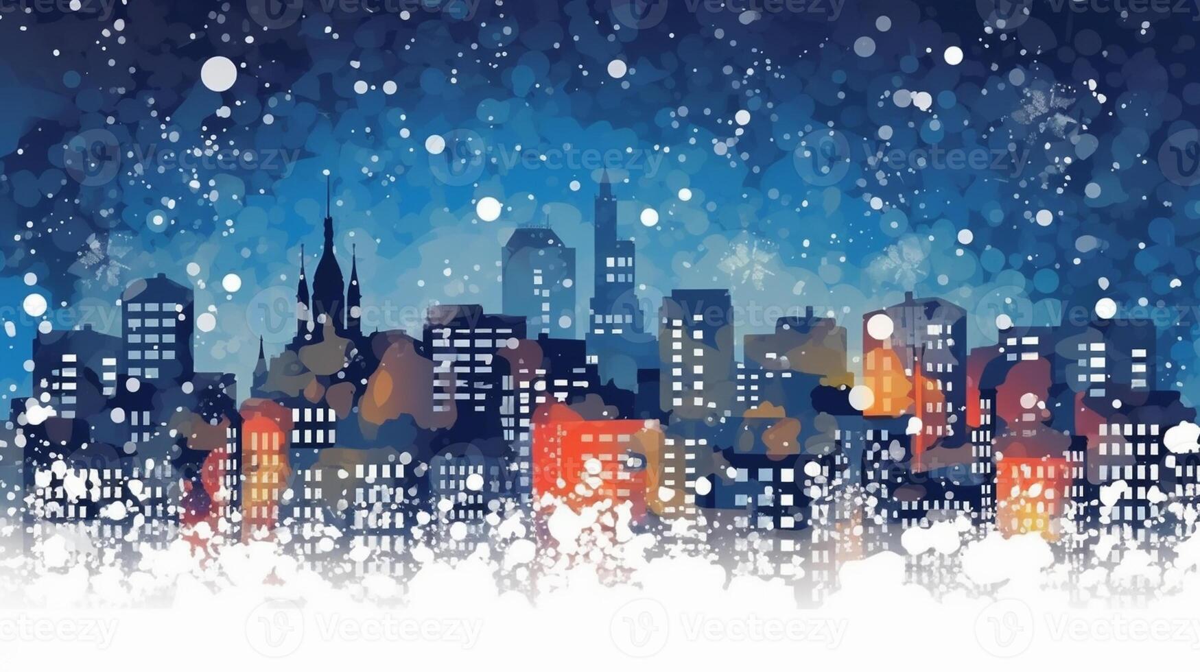 Winter, festive, Christmas background. In a whimsical vintage illustration, a merry scene unfolded at home on a magical winter night, with snowflakes swirling in the air with photo