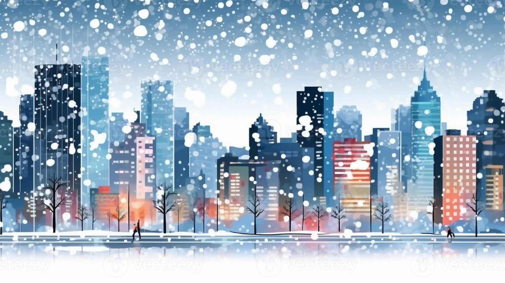 Winter, festive, Christmas background. In a whimsical vintage illustration, a merry scene unfolded at home on a magical winter night, with snowflakes swirling in the air with photo