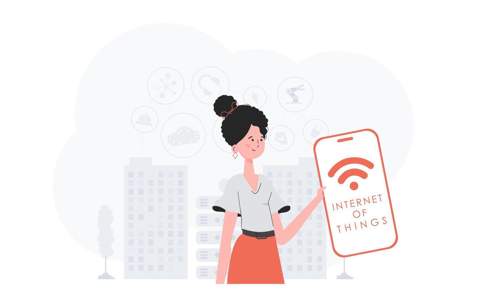 IoT concept. The girl is holding a phone with the IoT logo in her hands. illustration in trendy flat style. vector