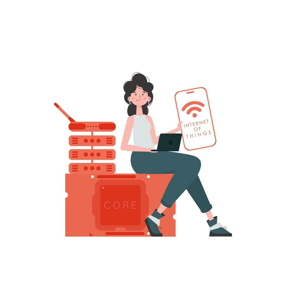 A woman holds a phone with the IoT logo in her hands. IoT concept. Vector illustration in trendy flat style.