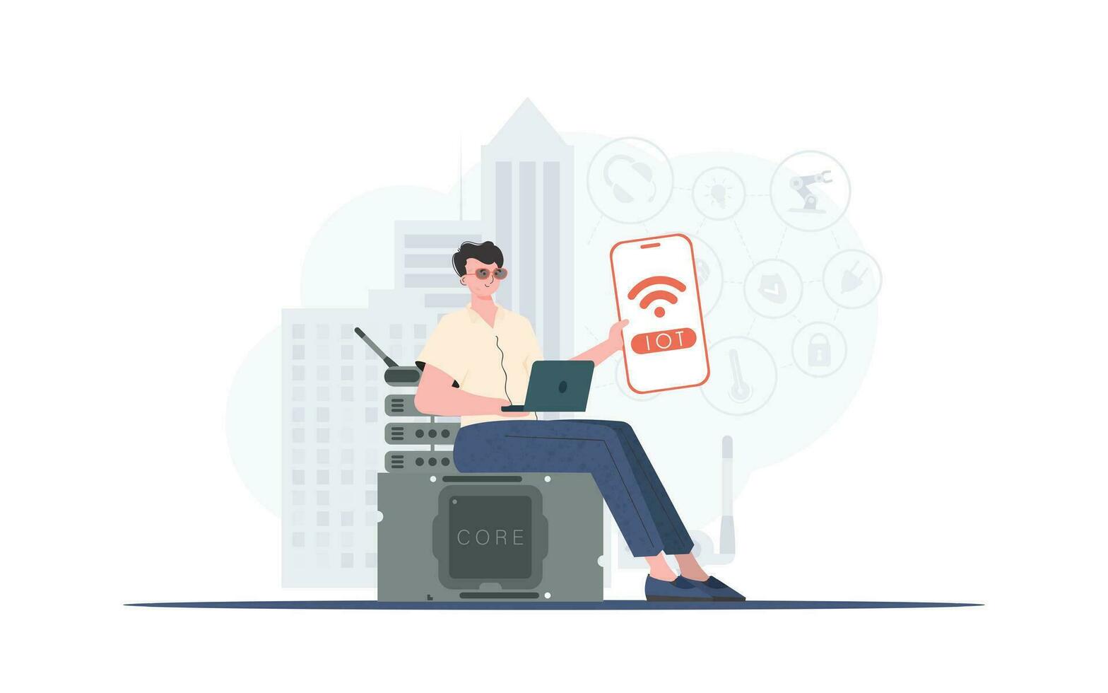 Internet of things concept. The guy is holding a phone with the IoT logo in his hands. Vector illustration in flat style.