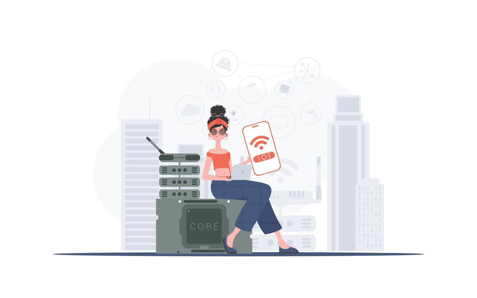 Internet of things concept. The girl is holding a phone with the IoT logo in her hands. Trendy flat style. Vector illustration.