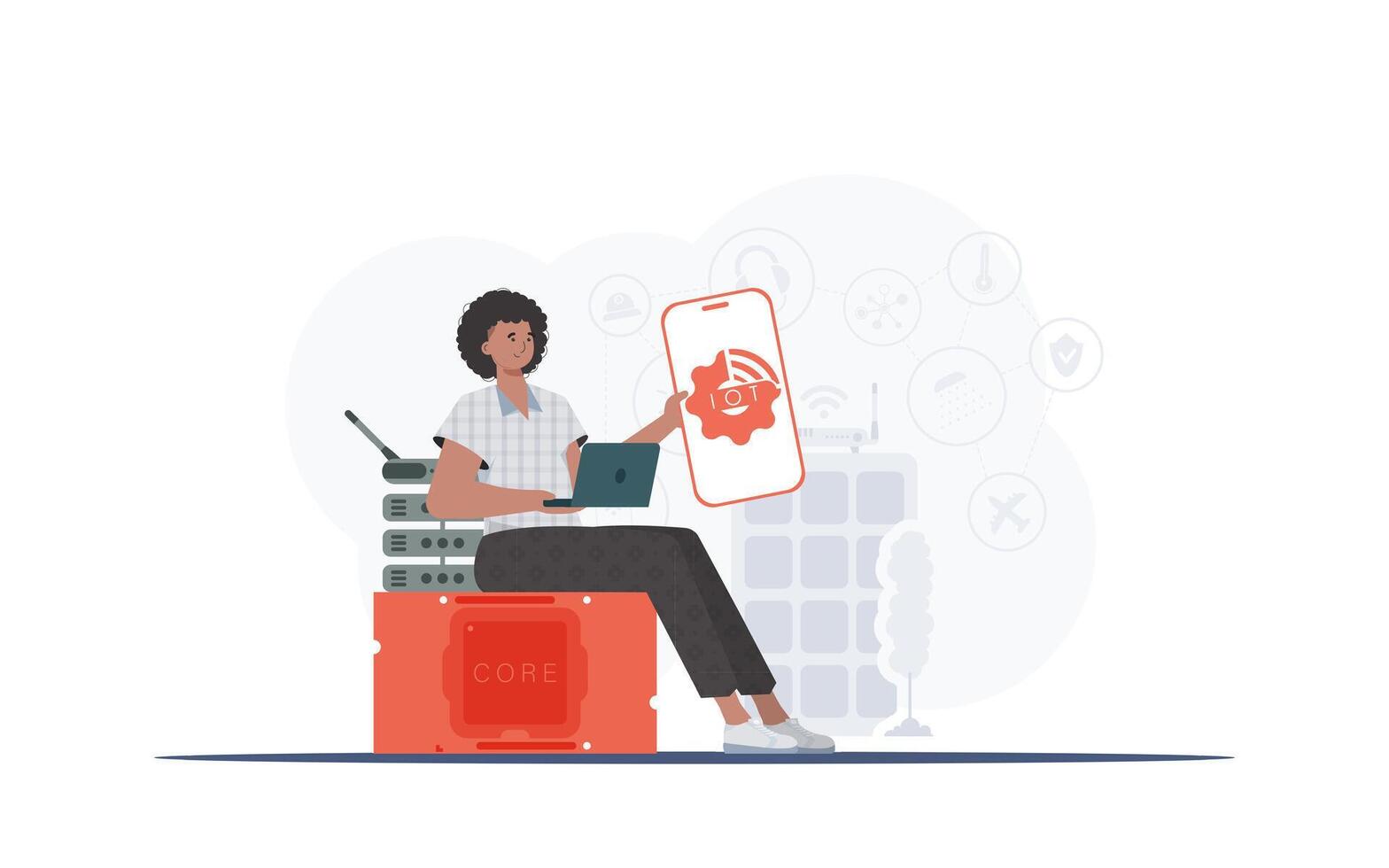 IOT and automation concept. A man holds a phone with the IoT logo in his hands. . vector
