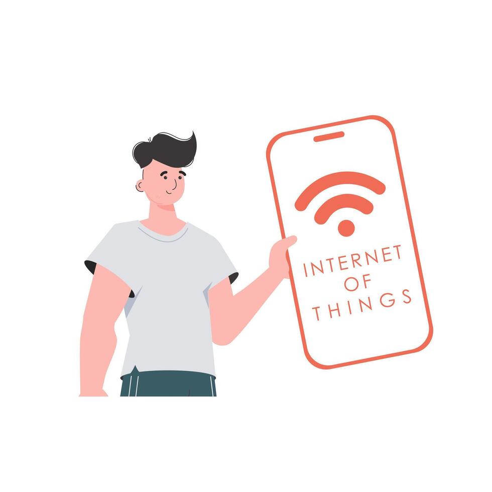 el chico es participación un teléfono con el iot logo en su manos. iot concepto. vector. vector