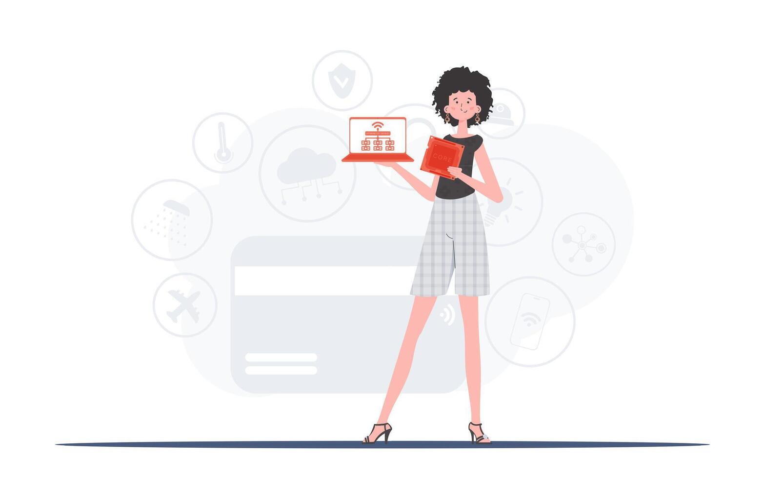 The girl is holding a laptop and a processor chip in her hands. Internet of things and automation concept. Trendy flat style. Vector illustration.