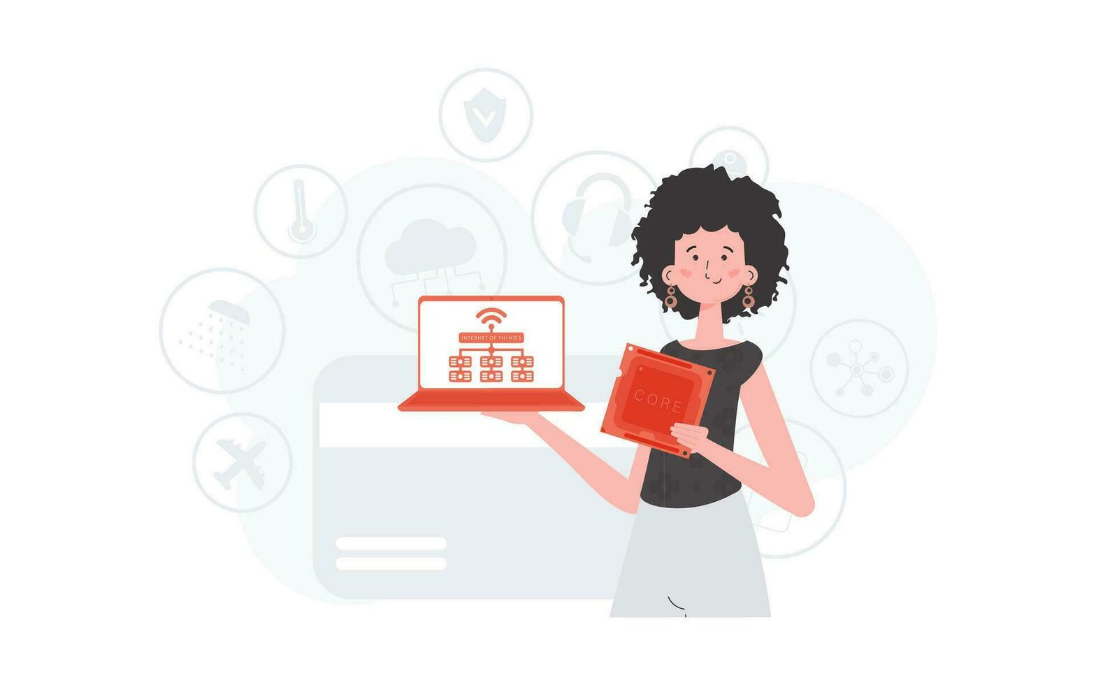 The girl is holding a laptop and a processor chip in her hands. Internet of things concept. Vector illustration in trendy flat style.