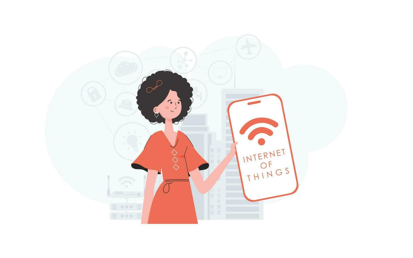 IoT concept. The girl is holding a phone with the IoT logo in her hands. Trendy flat style. Vector illustration.