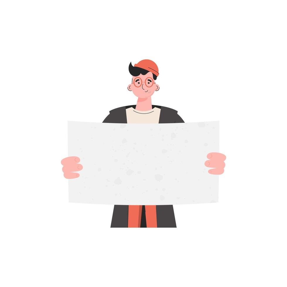 A man stands waist-deep with a blank banner in his hands. Isolated. Flat style. Element for presentations, sites. vector