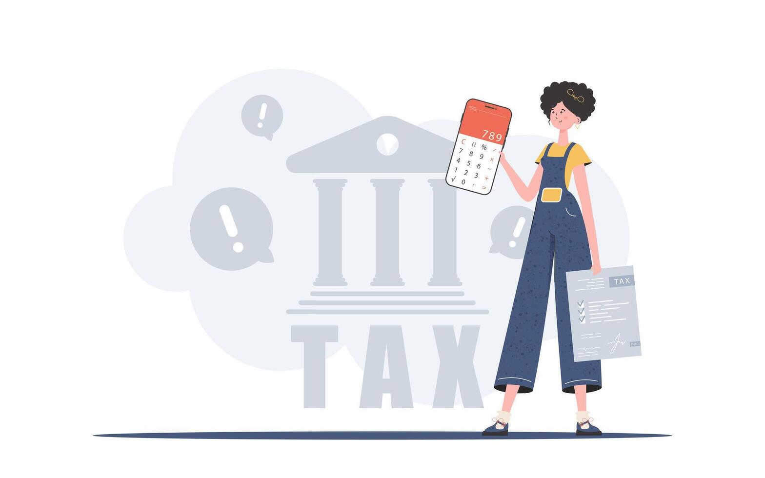 A woman holds a calculator and a tax form in her hands. The concept of payment and calculation of taxes. Trend style, vector illustration.