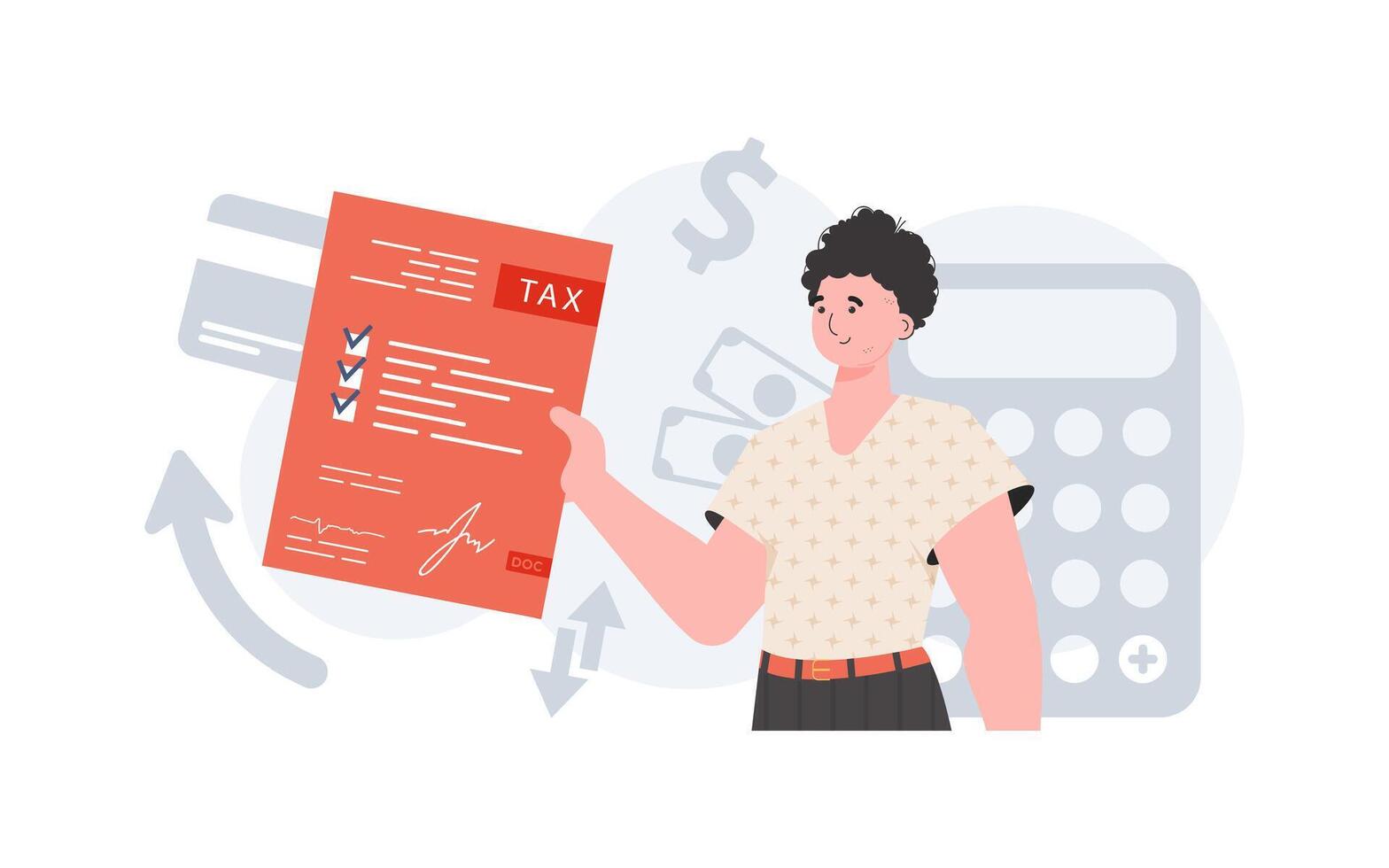 A man stands waist-deep and holds a form of paid taxes in his hands. Taxes. Element for presentation. vector