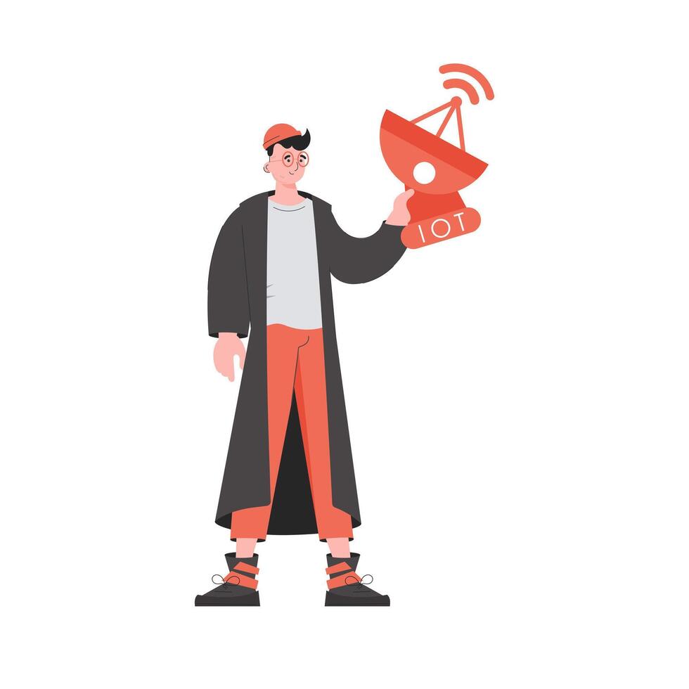 Internet of things concept. The guy is holding a satellite dish in his hands. Isolated on white background. Trendy flat style. Vector illustration.