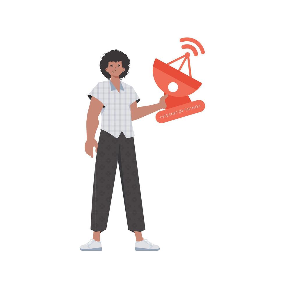 Internet of things concept. The guy is holding a satellite dish in his hands. Isolated. illustration in trendy flat style. vector