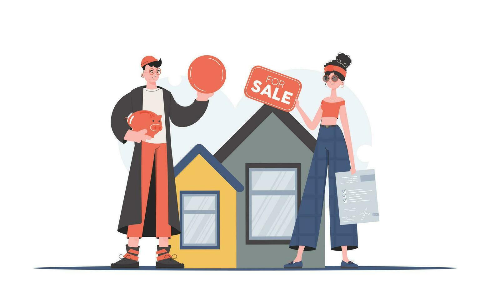 The guy is buying a house. Realtor with tabular for sale and document. The concept of buying a house. Trend vector illustration.