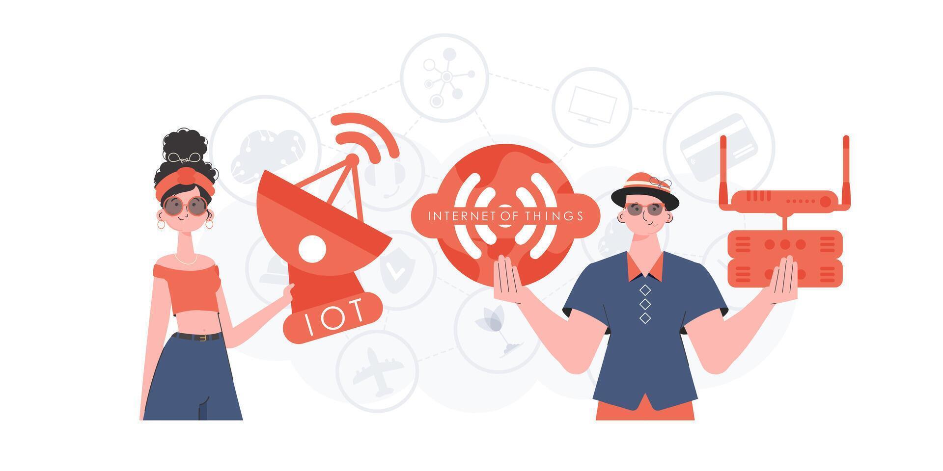 IoT concept. The girl and the guy are a team in the field of Internet of things. Good for websites and presentations. Vector illustration in flat style.