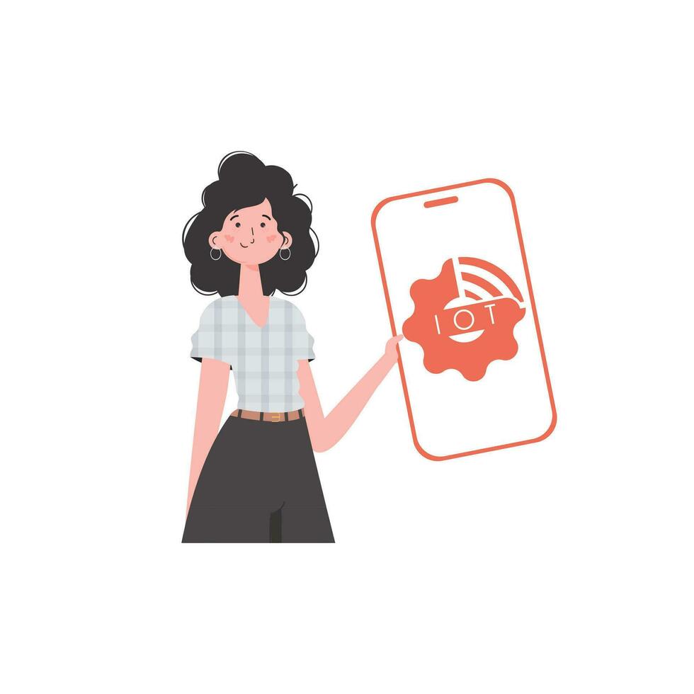 A woman holds a phone with the IoT logo in her hands. Internet of things and automation concept. Trendy flat style. Vector illustration.