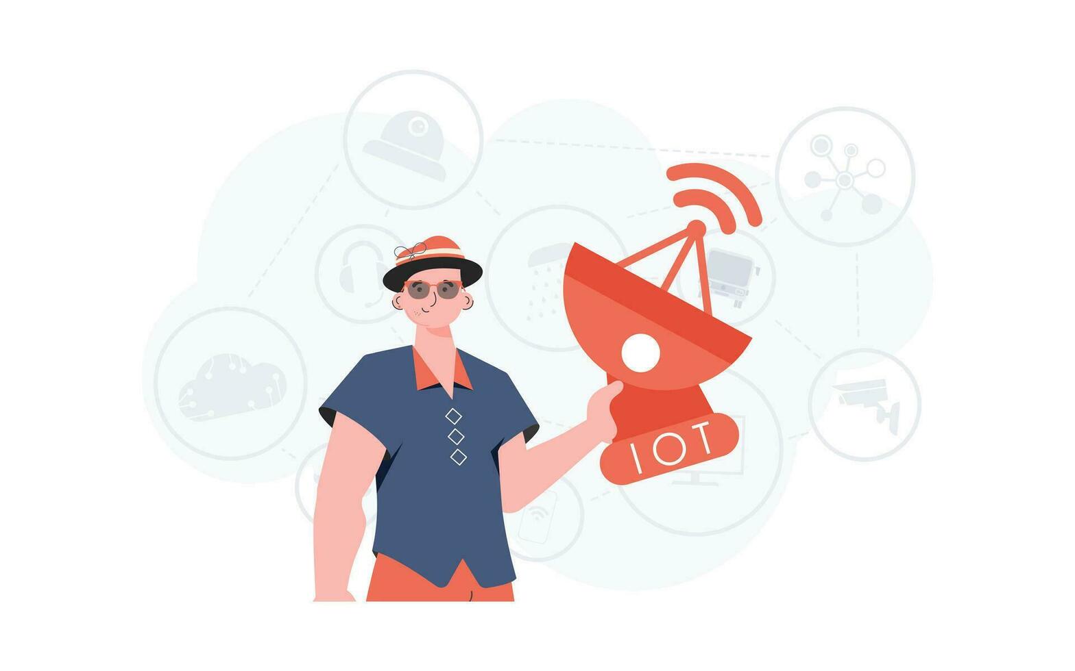A man holds a satellite dish in his hands. Internet of things concept. Good for presentations and websites. Vector illustration in flat style.