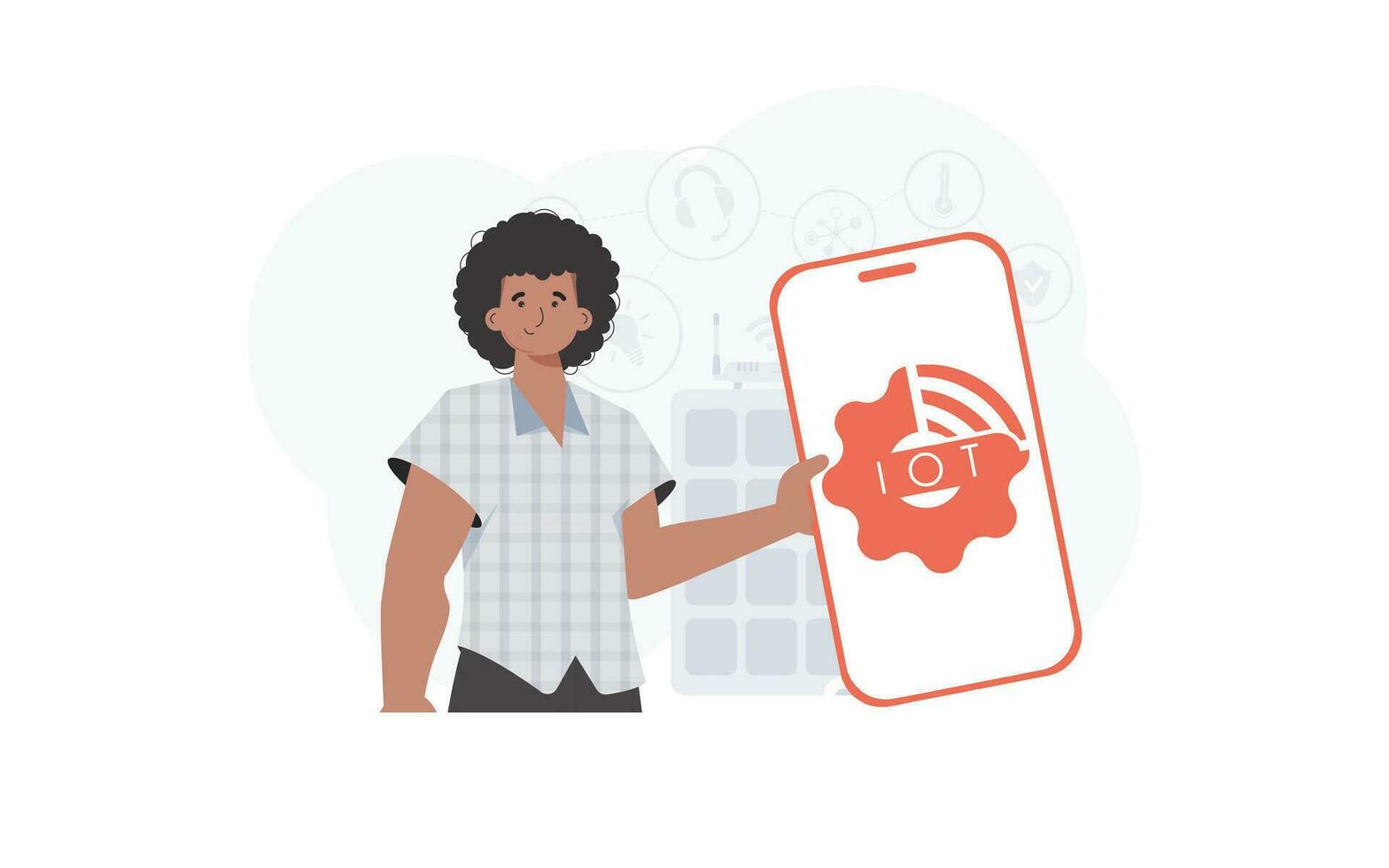Internet de cosas y automatización concepto. un hombre sostiene un teléfono con el iot logo en su manos. vector ilustración en plano estilo.