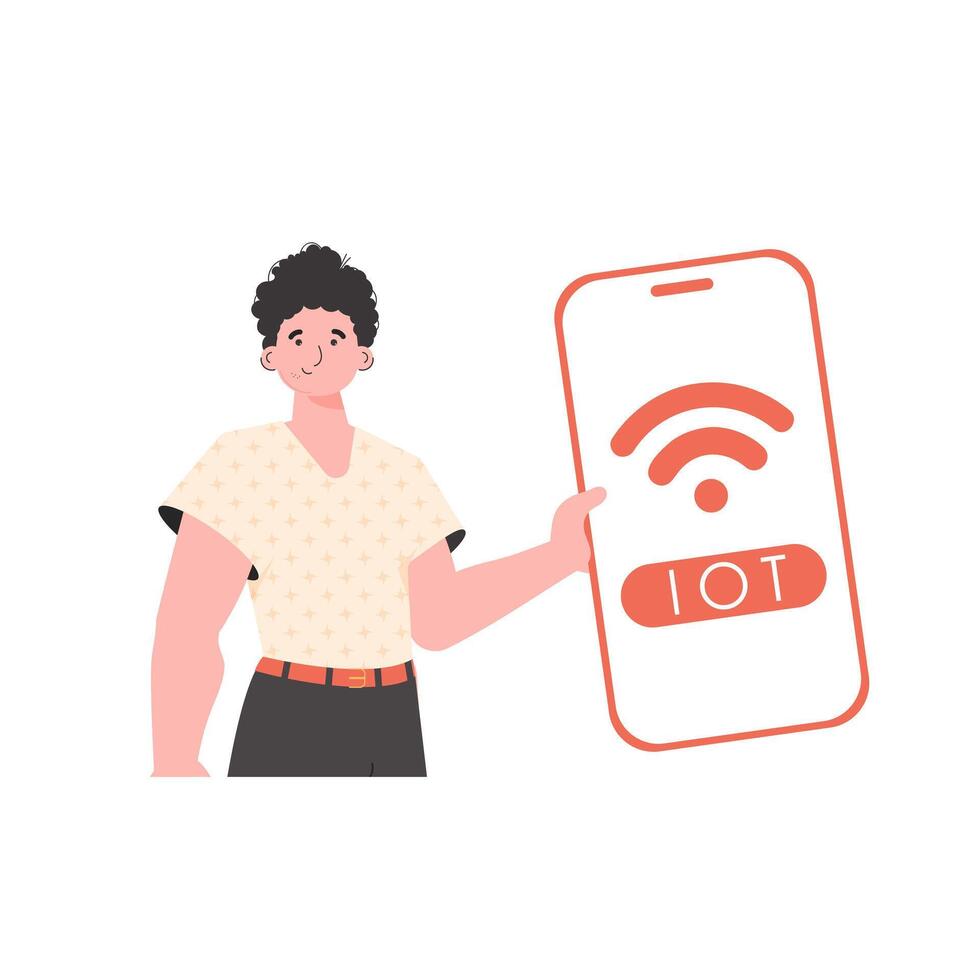 The guy is holding a phone with the IoT logo in his hands. Internet of things and automation concept. Trendy flat style. Vector illustration.