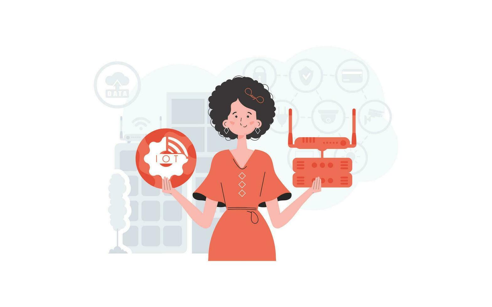 IoT concept. A woman is holding an internet thing icon in her hands. Router and server. Good for websites and presentations. Vector illustration in trendy flat style.