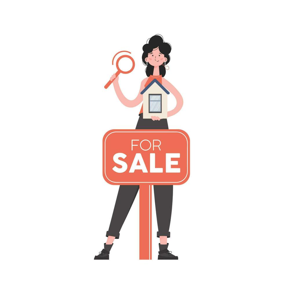 A woman stands in full growth looking for a house in the real estate market. Isolated. Flat style. Element for presentations, sites. vector