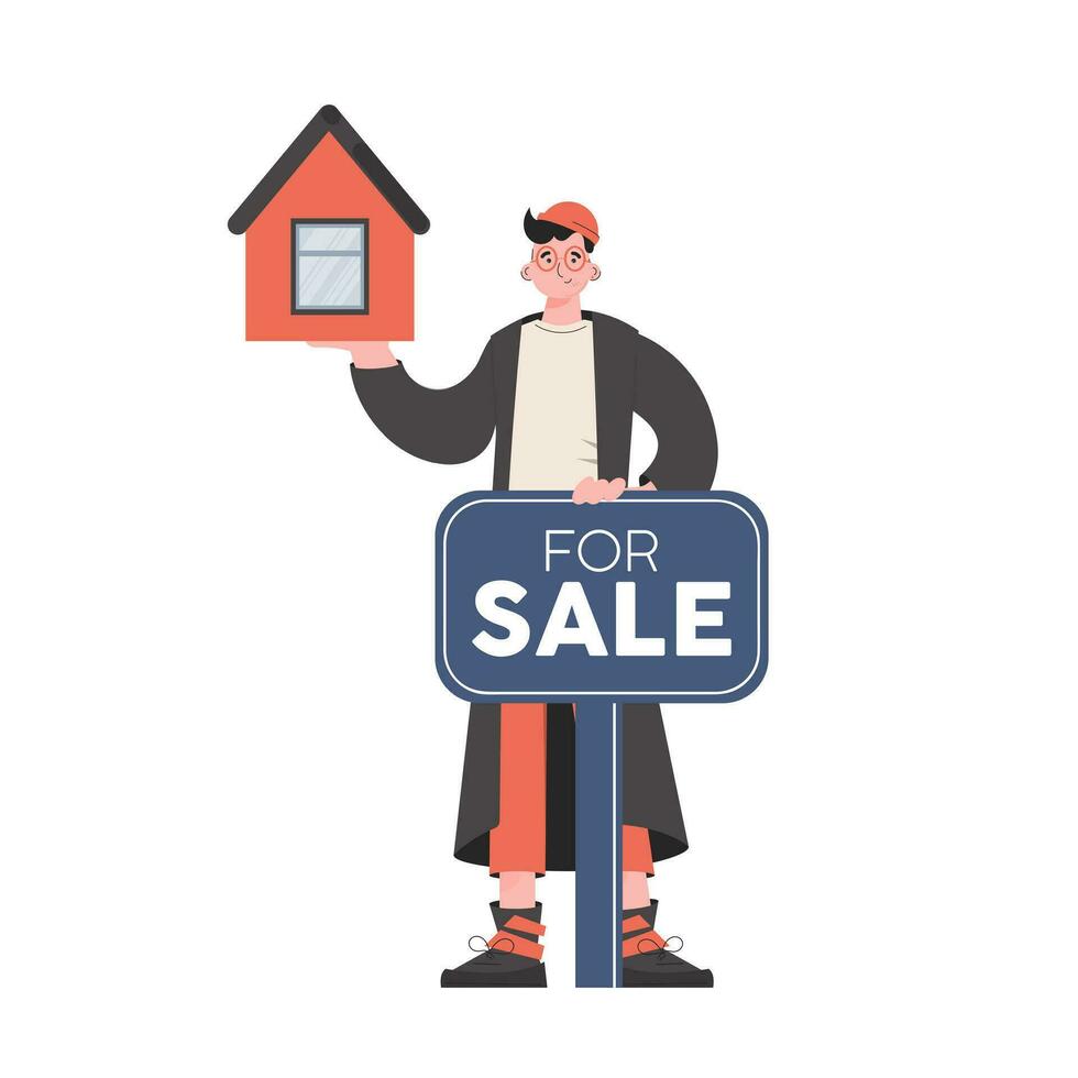 A man stands in full growth next to a poster for the sale of real estate. Isolated. Flat style. Element for presentations, sites. vector